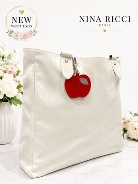 🤍 Nina Ricci White Patent Tote Bag with Apple Charm 🤍